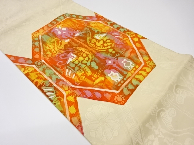 JAPANESE KIMONO / VINTAGE NAGOYA OBI / ABSTRACT BIRDS & FLOWERS